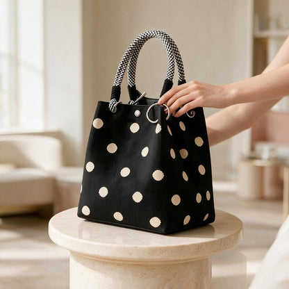 Black Polka Dot Tote Bag, White Dot Shoulder Purse, Rope Handle Handbag, Casual Womens Tote, Trendy Everyday Bag