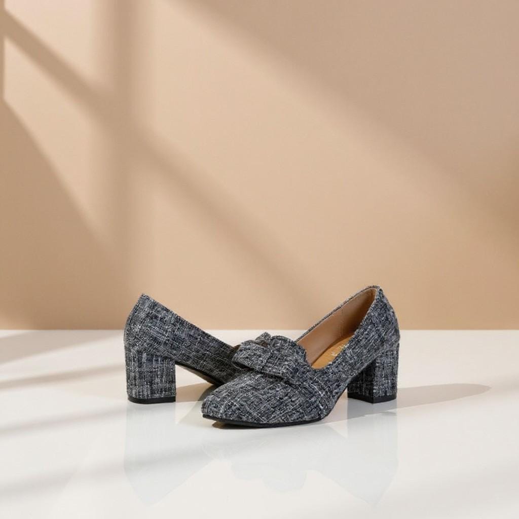 Gray Tweed Mary Jane Heels, Bow Block Heel Pumps, Vintage Inspired Shoes