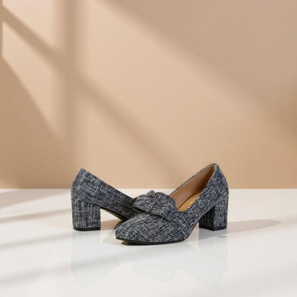 Gray Tweed Mary Jane Heels, Bow Block Heel Pumps, Vintage Inspired Shoes