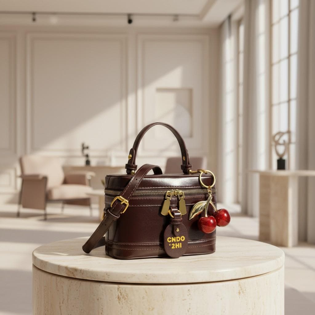 Brown Shoulder Bag, Women's Top Handle Crossbody Purse, Double Zip Handbag, Cherry Charm Bag, Structured Box Purse