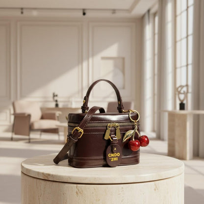 Brown Shoulder Bag, Women's Top Handle Crossbody Purse, Double Zip Handbag, Cherry Charm Bag, Structured Box Purse
