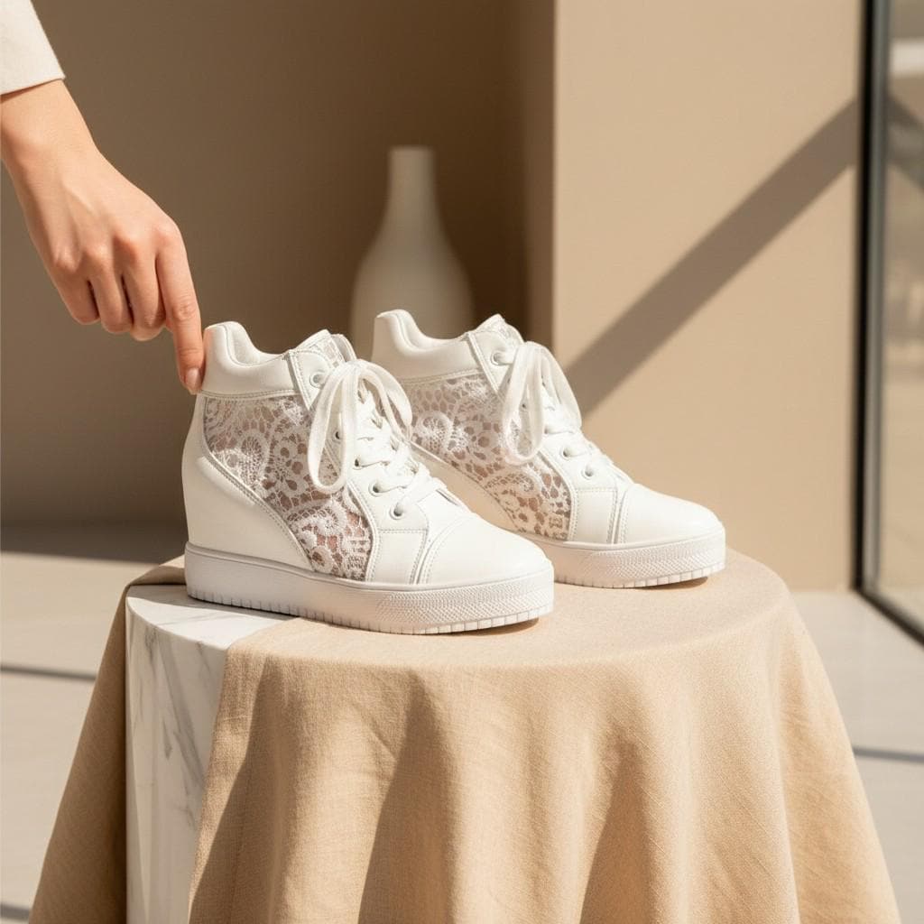 White Wedge Sneakers for Women, High Top Platform Shoes, Animal Print Sneakers, Lace Up Wedge Trainers, Fashion Sneakers