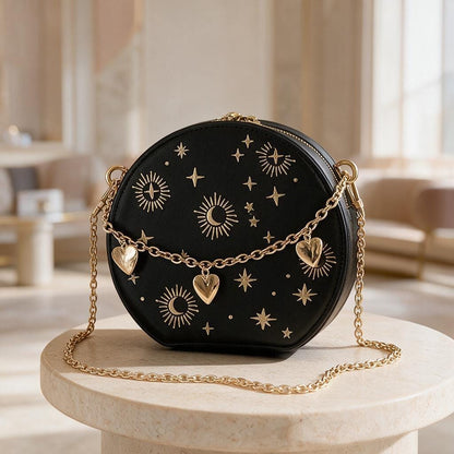 Celestial Crossbody Bag, Moon Star Shoulder Purse, Black Astrology Bag, Sun Moon Handbag, Gold Chain Evening Bag