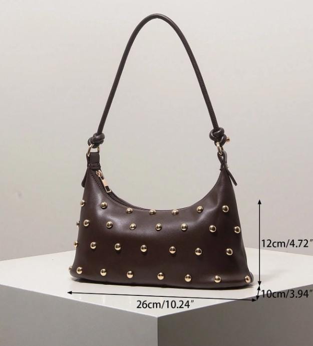 Brown Studded Shoulder Bag, Y2K Hobo Purse, Chocolate Brown Handbag, Retro Everyday Bag
