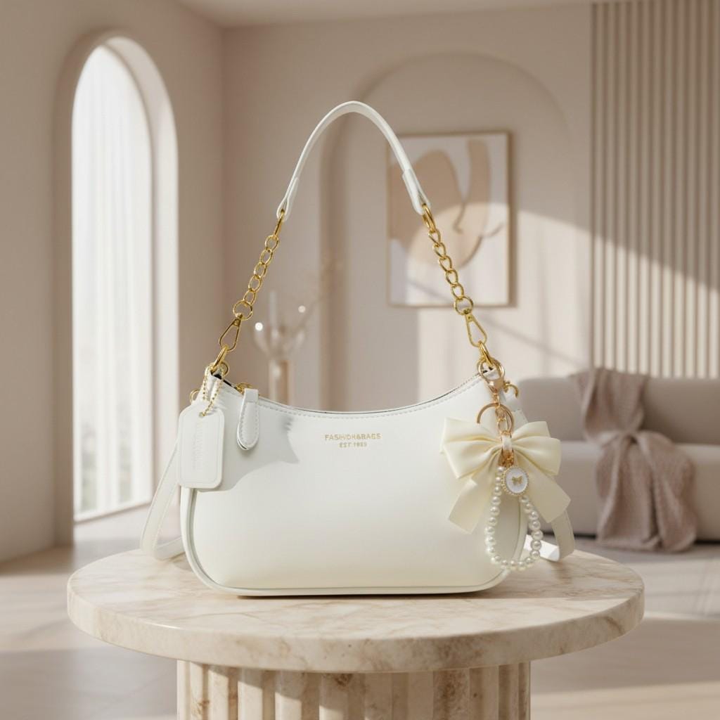 White Baguette Shoulder Bag, Bow Purse, Pearl Charm Handbag, Gold Chain Bag, Coquette Purse, Elegant Y2K Women's Handbag