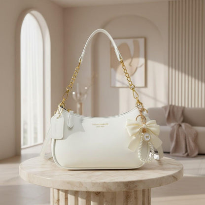 White Baguette Shoulder Bag, Bow Purse, Pearl Charm Handbag, Gold Chain Bag, Coquette Purse, Elegant Y2K Women's Handbag