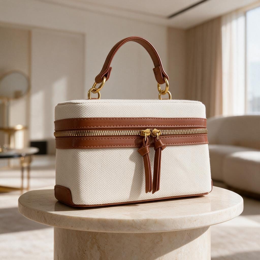 Cream Top Handle Bag, Brown Trim Handbag, Ivory Structured Purse, Zipper Shoulder Bag, Neutral Everyday Handbag