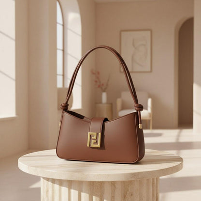 Chocolate Brown Baguette Shoulder Bag, Gold Clasp Handbag, Y2K Underarm Purse, Minimalist Everyday Bag