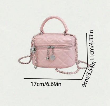 Pink Quilted Mini Bag, Pastel Pink Crossbody Purse, Chain Shoulder Bag, Top Handle Handbag, Cute Y2K Purse, Heart Charm Bag