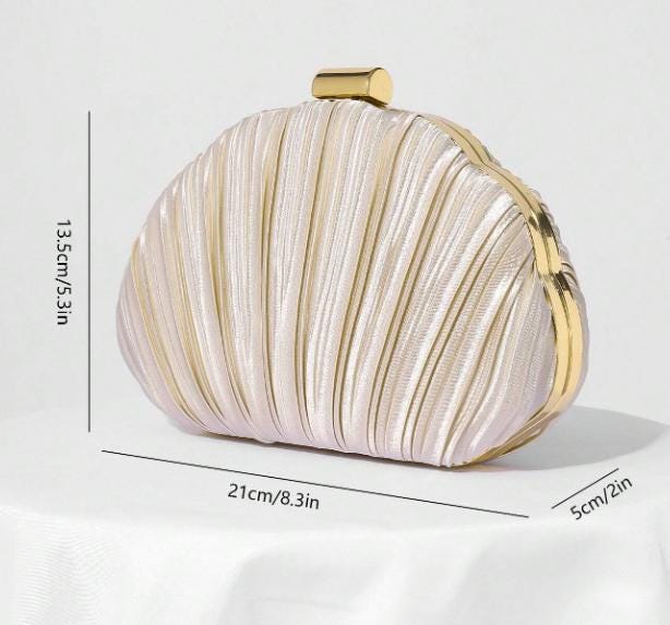 Ivory Shell Clutch Bag, Pleated Evening Purse with Gold Chain, Elegant Wedding Bridal Bag, Formal Party Handbag