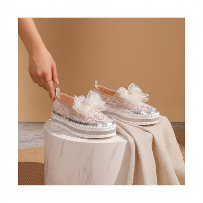 Floral Lace Bridal Shoes, Ivory Wedding Slip On Shoes, Flower Platform Sneakers