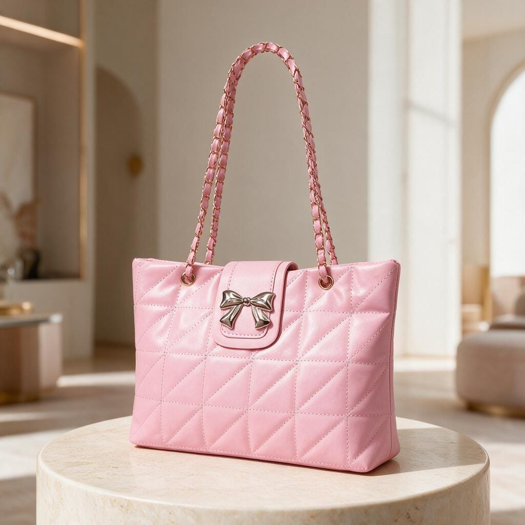 Pink Quilted Shoulder Bag, Bow Handbag, Chain Strap Purse, Cute Womens Pink Bag