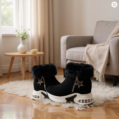 Black Fur Boots, Star Detail Winter Ankle Boots, Chunky Platform Shoes