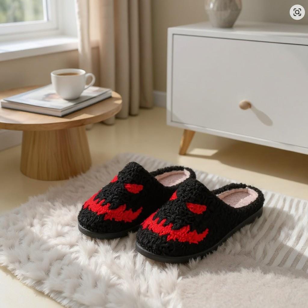 Monster Slippers, Black Fuzzy House Shoes, Spooky Halloween Slippers