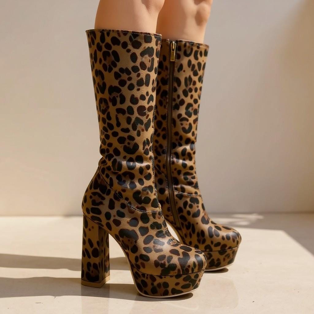 Leopard Knee High Boots, Platform Block Heel Tall Boots, Animal Print Shoes