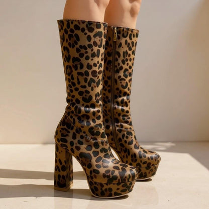 Leopard Knee High Boots, Platform Block Heel Tall Boots, Animal Print Shoes