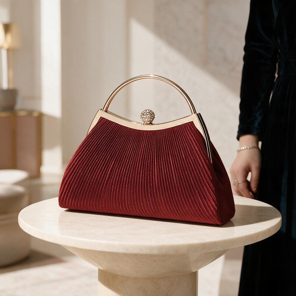 Red Pleated Clutch Bag, Burgundy Evening Purse, Elegant Top Handle Bag, Wedding Guest Handbag, Formal Party Purse