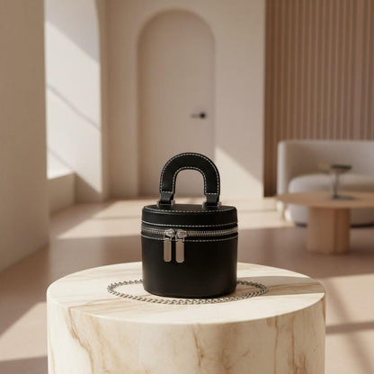 Black Cylinder Bag, Mini Shoulder Crossbody Purse, Top Handle Handbag, Double Zip Round Bag, Small Everyday Purse