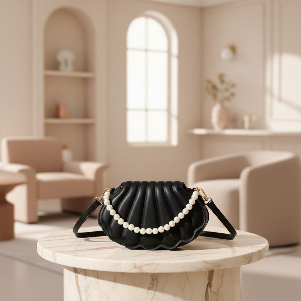 Black Shell Shoulder Bag, Pearl Detail Crossbody Purse, Scalloped Quilted Handbag, Elegant Evening Bag