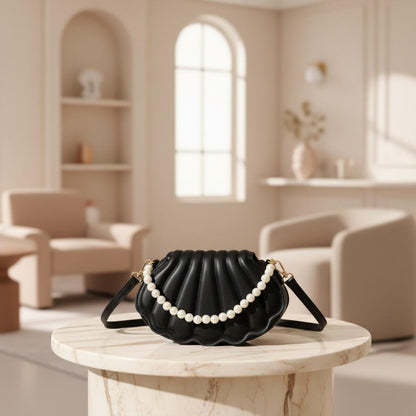 Black Shell Shoulder Bag, Pearl Detail Crossbody Purse, Scalloped Quilted Handbag, Elegant Evening Bag