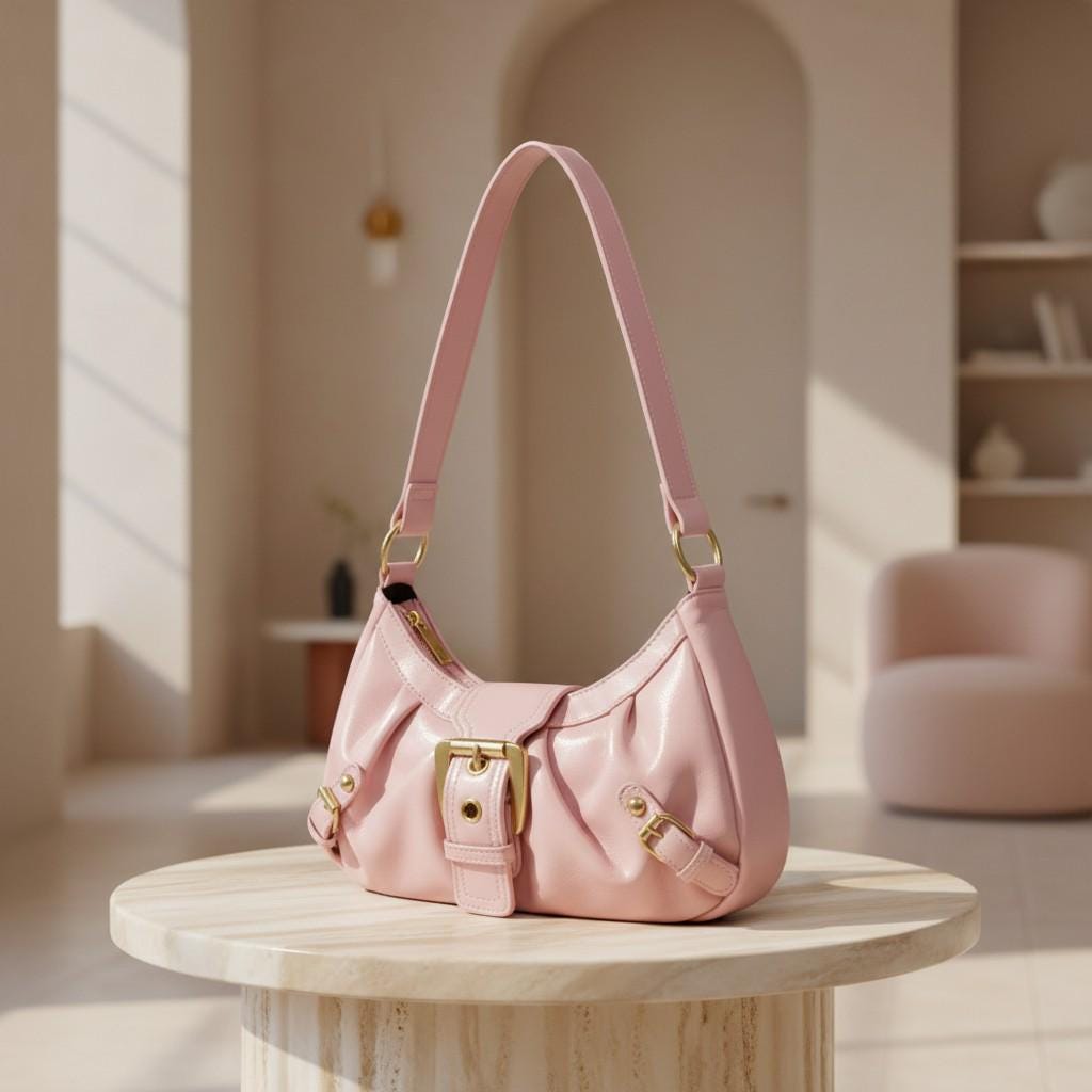 Pink Shoulder Bag, Y2K Hobo Purse, Pink Baguette Bag, Gold Buckle Handbag, Retro Pink Purse