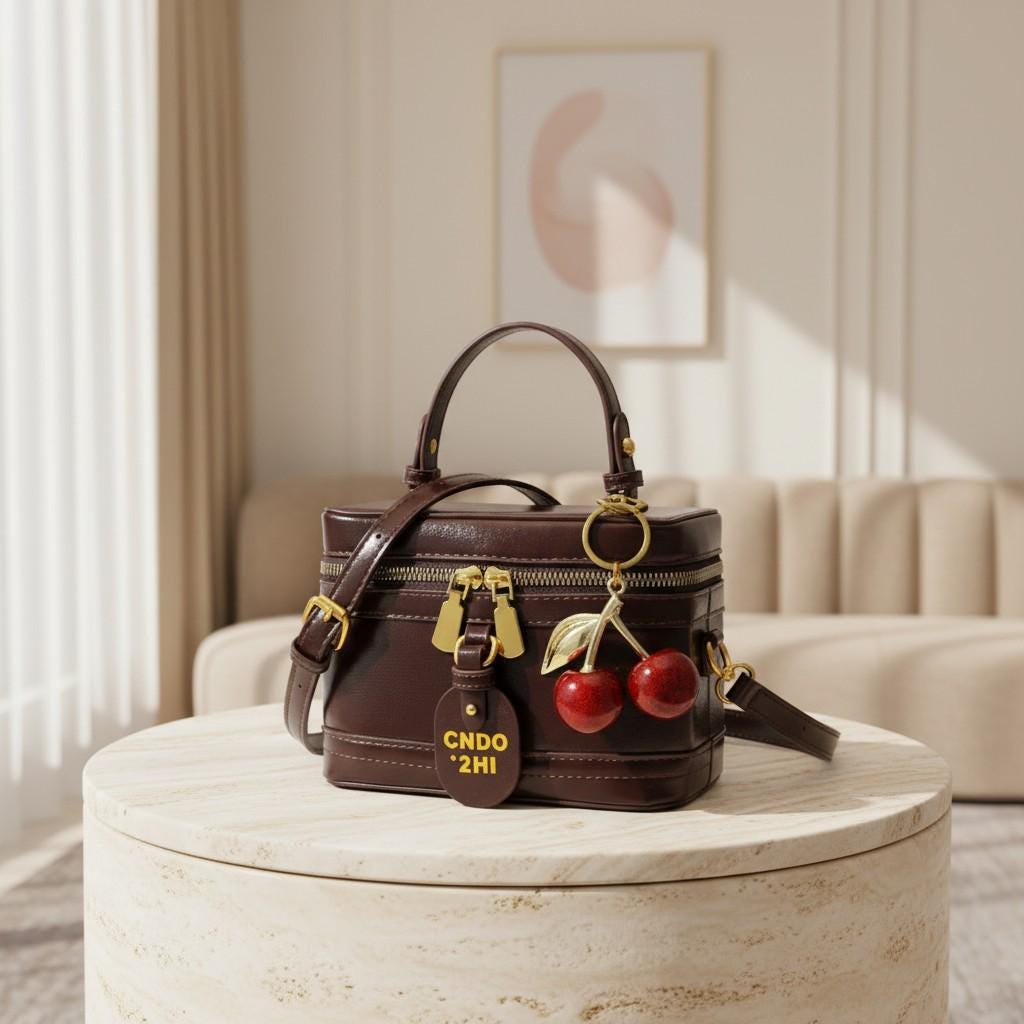 Brown Shoulder Bag, Women's Top Handle Crossbody Purse, Double Zip Handbag, Cherry Charm Bag, Structured Box Purse