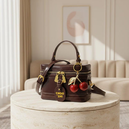 Brown Shoulder Bag, Women's Top Handle Crossbody Purse, Double Zip Handbag, Cherry Charm Bag, Structured Box Purse