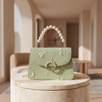 Mint Green Floral Embroidered Handbag, Pearl Handle Shoulder Bag, Chain Crossbody Purse, Romantic Evening Bag