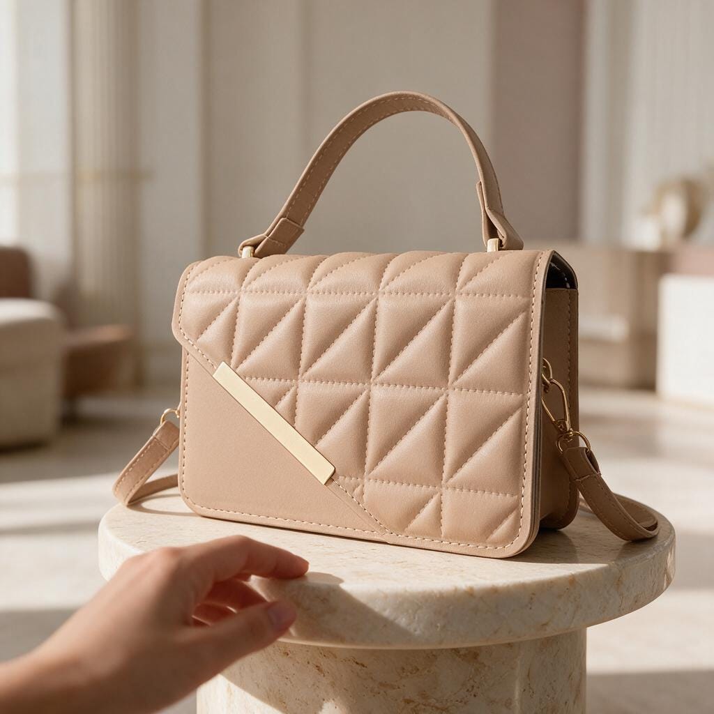 Nude Quilted Handbag, Beige Flap Shoulder Purse, Geometric Top Handle Bag, Elegant Crossbody Purse, Minimalist Womens Bag