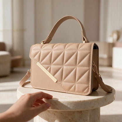 Nude Quilted Handbag, Beige Flap Shoulder Purse, Geometric Top Handle Bag, Elegant Crossbody Purse, Minimalist Womens Bag