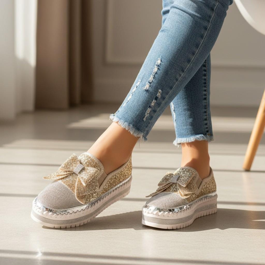 Gold Glitter Platform Loafers, Women's Bow Slip On Shoes