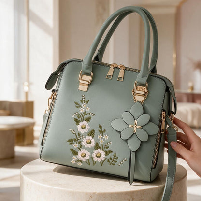 Sage Green Floral Handbag, Embroidered Flower Purse, Women's Shoulder Bag, 3D Flower Crossbody Bag