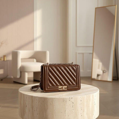 Brown Quilted Shoulder Bag, Chain Strap Purse, Diagonal Quilted Handbag, Structured Crossbody Bag, Elegant Everyday Bag