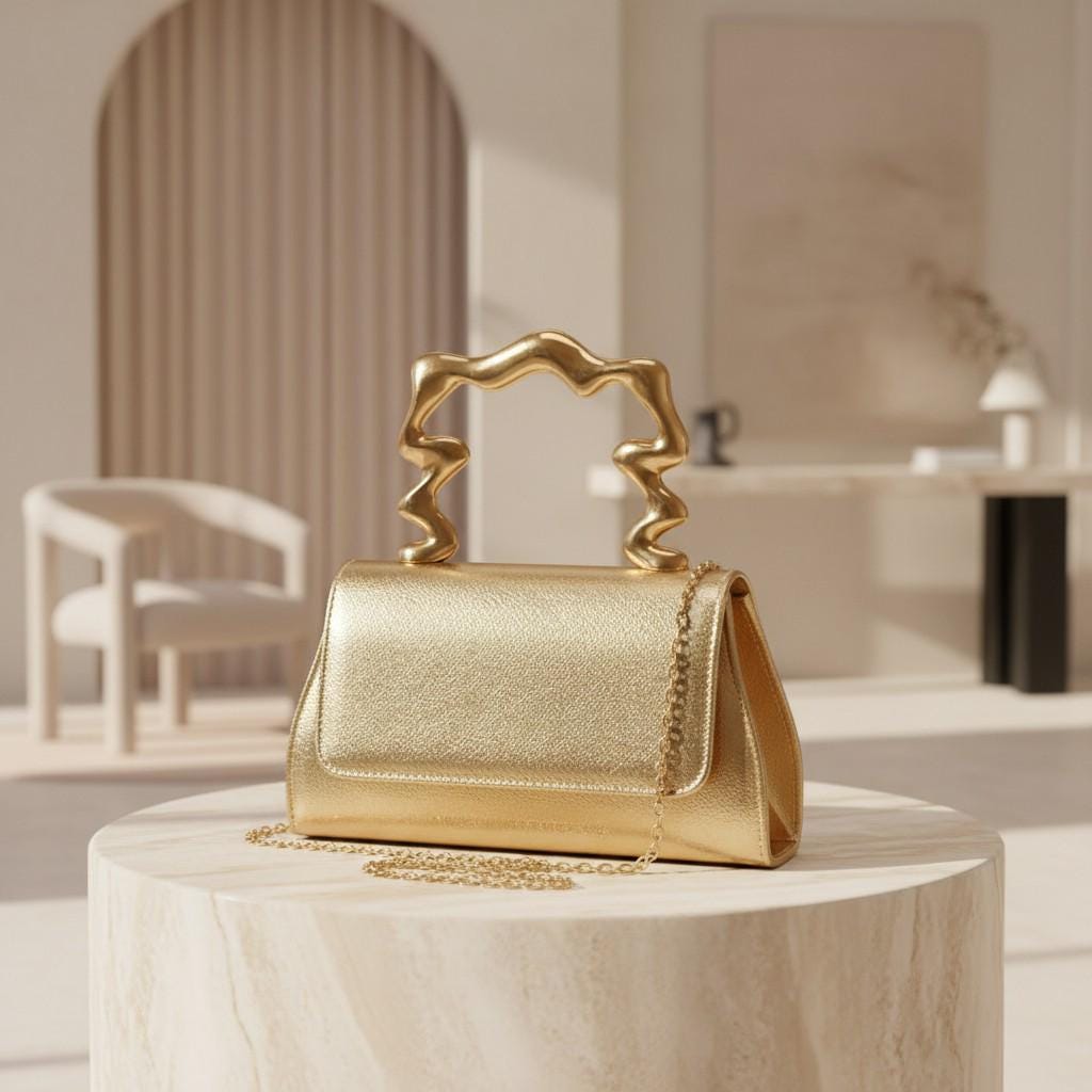 Gold Evening Bag, Metallic Clutch Purse, Top Handle Handbag, Chain Strap Party Bag, Wedding Guest Purse