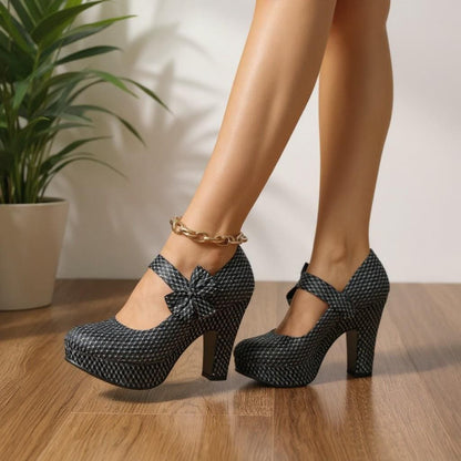 Black Mary Jane Platform Heels, Bow Block Heel Pumps, Checkered Dress Shoes