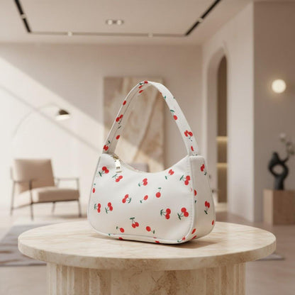 White Cherry Print Shoulder Bag, Cute Baguette Purse, Y2K Fruit Print Handbag, Small Underarm Bag, Casual Summer Bag