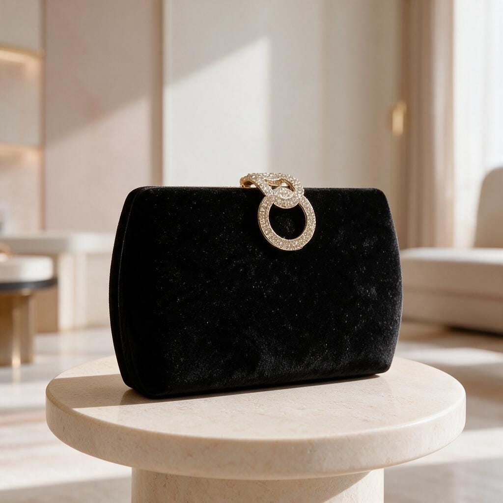 Black Velvet Clutch, Rhinestone Ring Evening Bag, Elegant Formal Purse, Party Handbag