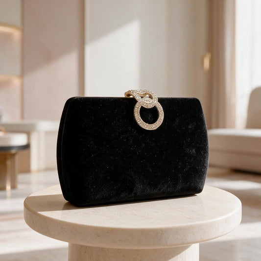 Black Velvet Clutch, Rhinestone Ring Evening Bag, Elegant Formal Purse, Party Handbag