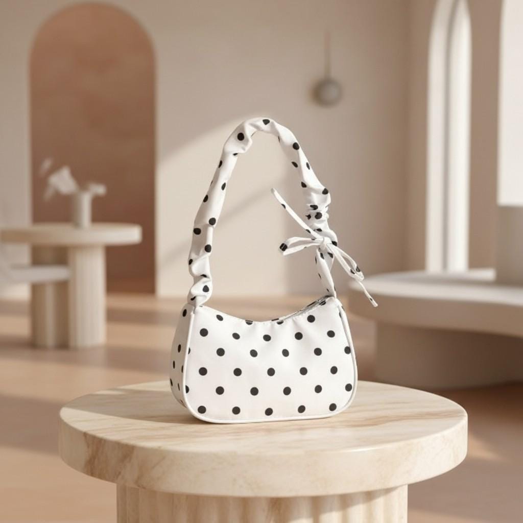 White Polka Dot Shoulder Bag, Bow Strap Purse, Black White Baguette Handbag, Coquette Y2K Bag