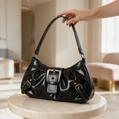 Black Buckle Shoulder Bag, Y2K Baguette Purse, Glossy Handbag, Retro Small Bag