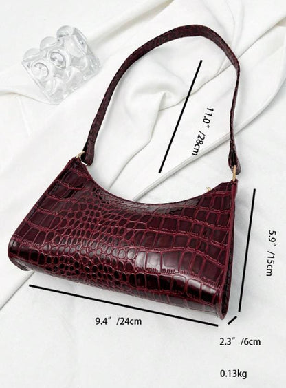 Burgundy Croc Embossed Shoulder Bag, Wine Red Baguette Purse, Y2K Handbag, Textured Crossbody Bag, Women's Trendy Bag