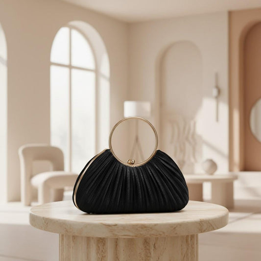 Black Pleated Clutch Bag, Ring Handle Evening Purse, Elegant Black Handbag, Shell Shape Party Bag, Wedding Guest Accessory
