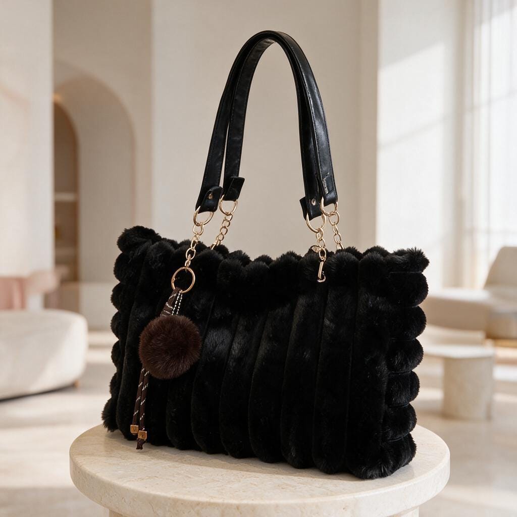 Black Faux Fur Bag, Fluffy Shoulder Purse, Cozy Winter Handbag, Plush Tote Bag, Soft Furry Fashion Accessory