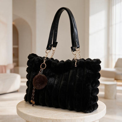 Black Faux Fur Bag, Fluffy Shoulder Purse, Cozy Winter Handbag, Plush Tote Bag, Soft Furry Fashion Accessory