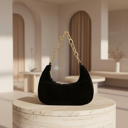 Black Crescent Shoulder Bag for Women, Small Hobo Purse, Gold Chain Strap Handbag, Minimalist Everyday Bag