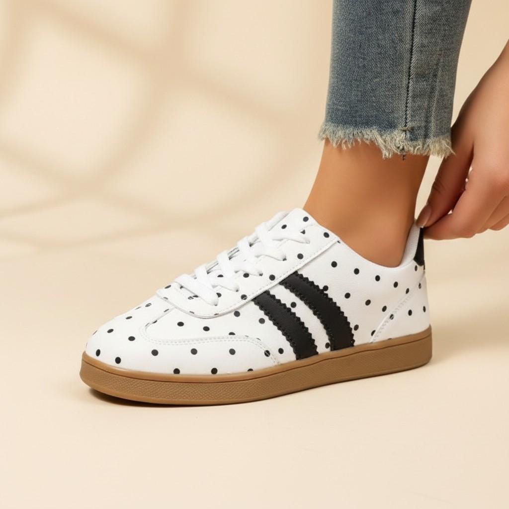 Polka Dot Sneakers for Women, Black White Casual Shoes, Retro Low Top Lace Up Sneakers, Cute Everyday Shoes