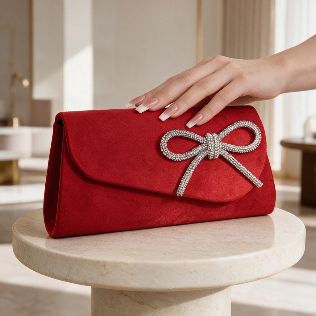 Red Bow Clutch, Rhinestone Evening Purse, Elegant Red Handbag, Wedding Guest Clutch, Formal Party Bag, Bridal Purse