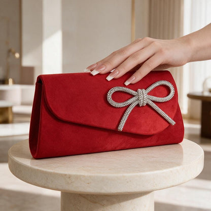 Red Bow Clutch, Rhinestone Evening Purse, Elegant Red Handbag, Wedding Guest Clutch, Formal Party Bag, Bridal Purse