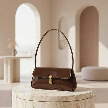 Brown Baguette Shoulder Bag, Glossy Brown Handbag, Gold Clasp Purse, Y2K Underarm Bag, Minimalist Everyday Shoulder Bag