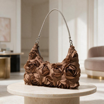 Floral Shoulder Bag, Rose Flower Purse, Brown Baguette Bag, Romantic Handbag, 3D Flower Statement Bag